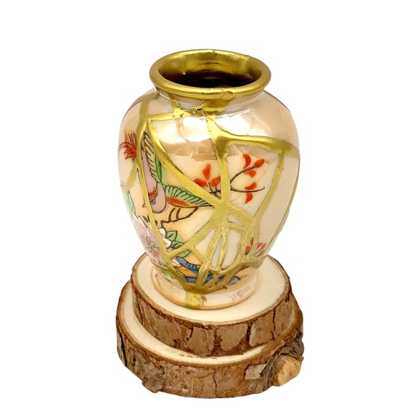 Kintsugi Vase Mini Lusterware Floral Bird Gold Crack Occupied Japan Growth Gift - Picture 7 of 14